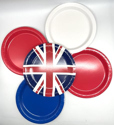 Union Jack Flag, Red, White and Blue Paper Plates (Pack of 40) – 9 Inch