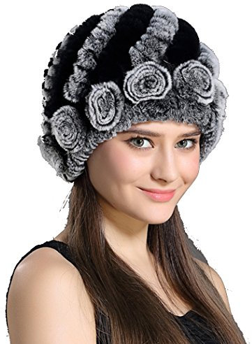 Befur Damen Rex Kaninchen Fell Winter Mütze Beanie Cape Baskenmütze Hut Rosette Mütze - grau und schwarz