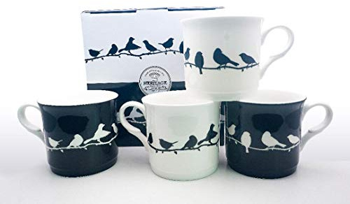 FINE Bone China Set of 4 Mugs Gift Boxed Black and White Birds Mugs Free UK DELIVERY