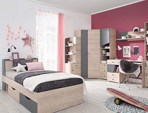 QMM TraumMoebel Jugendzimmer Kinderzimmer komplett Davis Set B Eckschrank Schreibtisch Bett 90x200 Regale