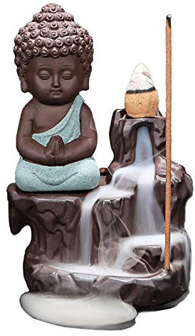 Brûleur d’encens en cascade fait à la main avec 10 cônes Décoration pour la maison, le bureau, la chambre, le yoga - Bouddha (bleu clair)