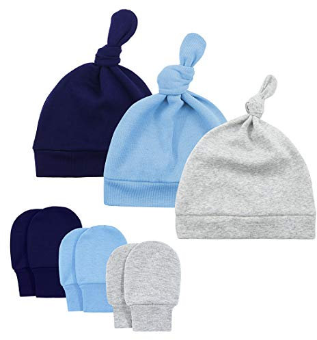 Durio Neugeborenes Babymütze und Handschuhe Set Knoten Beanie Hut Kratzfäustlinge Baby Jungen Mädchen 0-6 Monate Blau Grau u. Navy