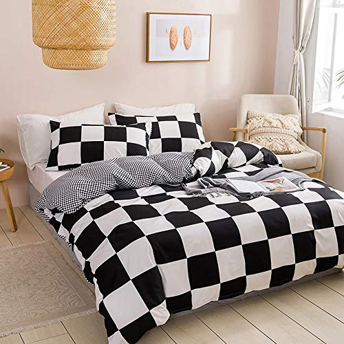 OPOWWEE Bettwäsche Set 200x200cm Weiß schwarz Kariert Wendebettwäsche Bettbezug 100% Weiche Angenehme Mikrofaser + 2 Kissenbezug 80x80 cm