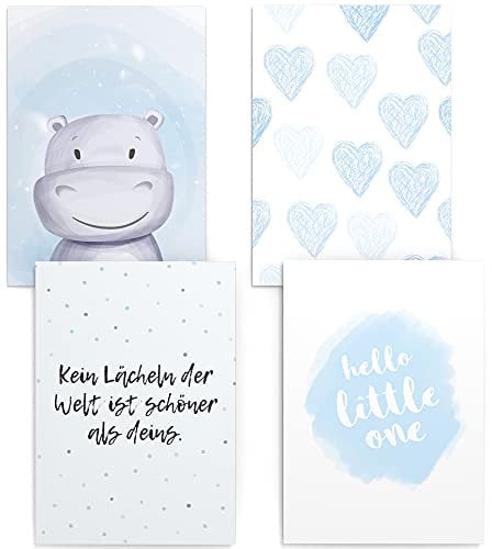 Papierschmiede® Kinderposter 4er Set, DIN A4 (21x30 cm) Wanddeko, Geschenk für Jungen Kinderzimmer Babyzimmer, blau Nilpferd hello little one, Baby Hippo