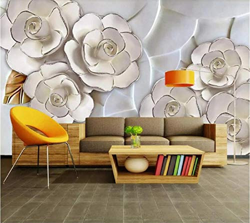 Papier peint décoratif 3D avec fleurs blanches en relief pour salon 430 x 300 cm