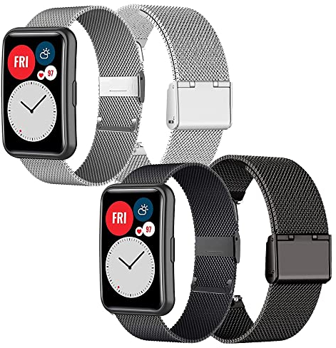 BrynnShop Kompatibel mit Huawei Watch Fit Armband Metall Ersatzarmband Edelstahl Schnellspanner Uhrenarmband für Huawei Watch Fit Elegant Mesh Gewebte Metallarmband (Silber+Schwarz,Watch fit)