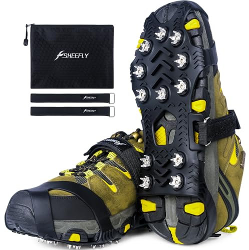 SHEEFLY Ice Grips for Shoes and Boots,Upgraded Non Slip Gripper Spikes Ice Traction Cleat,Ice & Snow Grips Crampons with 12 Steel Studs for Women Men Perfect for Ice Fishing Hiking Walking Climbing