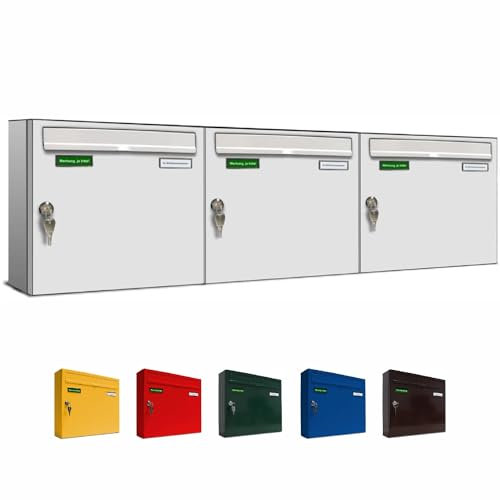 AL Briefkastensysteme Basic 3er Briefkasten RAL 9016 Verkehrs Weiss 3 Fach DIN A4 wetterfest Briefkastenanlage mit Posthaltebügel und 2 Namensschildern