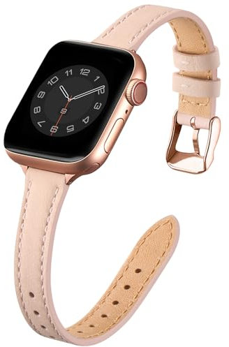 SUNFWR Compatible with Apple Watch Strap 38mm 40mm 41mm 42mm 44mm 45mm,Genuine Leather Strap Replacement,Slim&Thin Wristband for iwatch Series 7/6/5/4/3/2/1,SE (38mm 40mm 41mm, Pink sand&Rosegold)