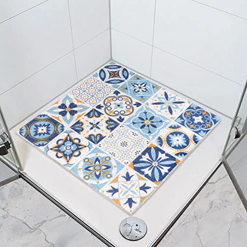 Tapis de Douche Antidérapant 60 cm - Carré en PVC - Luffa Confortable - Tapis de Sécurité Avec Trous de Drainage (Bleu)