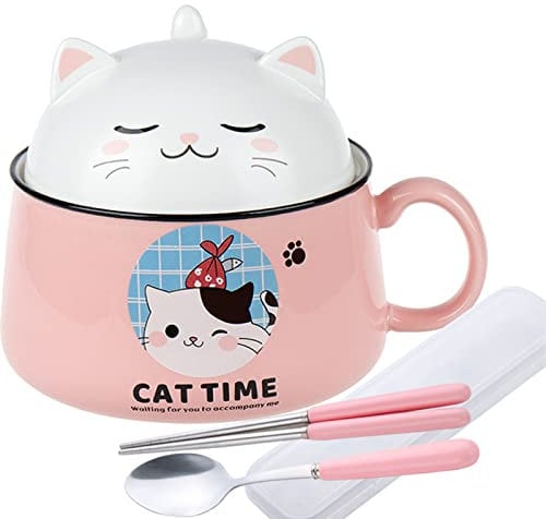 DYOUen Ramen Bowl with Handle and Lid Ceramic Instant Noodle Bowl Instant Noodles Bowl for Soup, Salad Cereal (Pink), 9556+ADSDX