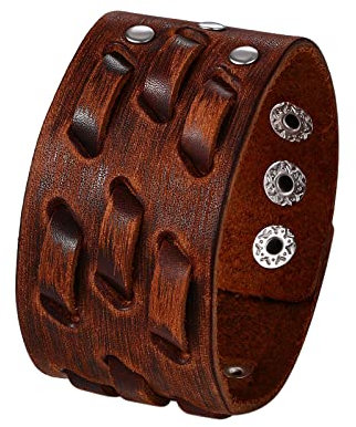 JewelryWe Schmuck Leder Armband Herren Punk Rock Gothic Breit Manschette Lederarmband mit Druckknopf Biker Geflochten Verstellbar Armreif Geschenke für Männer Braun