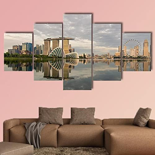 5 teilige leinwandbilder Singapur Marina Bay am Morgen Kunstdrucke 5 Teilig Vlies Leinwandbild,Wandkunst 5 stück Leinwand Bilder,Wohnzimmer Schlafzimmer Wand Dekoration,mit rahmen xxl bilder 200x100cm