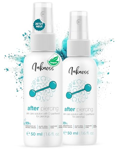 Inkness 2x After Piercing Spray 50ml für Nachsorge - Unterstützt Piercing Entzündung & Heilung - Piercing Aftercare für Ohr Nase Bauchnabel mit 99% natürliche Inhaltsstoffen D-Panthenol & Hamamelis