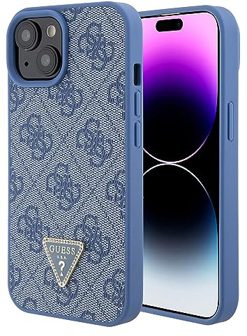 Guess GUHCP15SP4TDPB Hülle für iPhone 15 6.1 Blau hardcase Leather 4G Triangle Strass