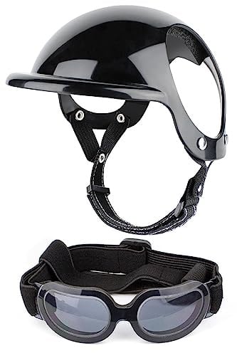 Pratvider 2 Dog Sunglasses and Pet Helmet Set with Dog Goggles, Pet Safety Cap with Adjustable Strap for Motorcycle Riding, Walking Head Gear for Small Medium Large Dogs