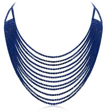 EVER FAITH Mehrschichtige klobige Halskette, Glitter Blau Strass Wasserfall Mehrstrang Multi-Strand Ketten Statement Lätzchen Halskette lange Kette Modeschmuck