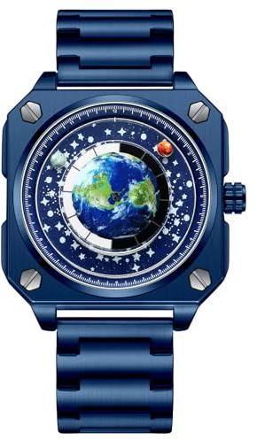 JewelryWe Uhren Herren Edelstahl Quadratisch: 30m Wasserdicht Analog Quarz Armbanduhr Männer Blau Edelstahl Armband Uhr mit Mond Venus Erde Sternenhimmel Rundem Zifferblatt und Rechteckigem Gehäuse