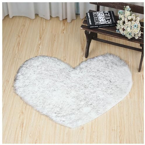 Egurs 40×50cm Hochflor Teppich Herz Geformter Wolle Schaffell Teppiche Weicher Flauschiger Fellteppich Nicht Beleg Schlafzimmer Shaggy Teppich für Wohnzimmer Schlafzimmer Schwarz-Weiß 40×50cm