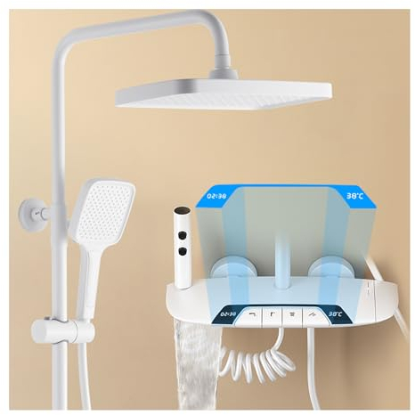 Duschsystem mit Thermostat, Duscharmatur Weiß Dusche Set Höhenverstellbar Regendusche Set mit Wannenauslauf, 310 * 200mm Duschkopf, 3 Modi Handbrause, Bidet-Dusche