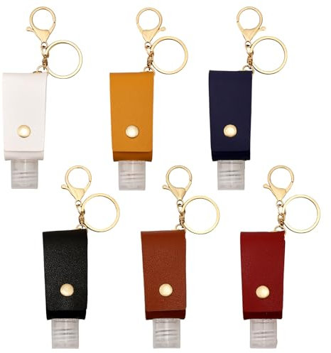 CHGCRAFT 6Colors Porte-Clés en Cuir Désinfectant pour les Mains Bouteilles Compressibles Rechargeables avec Couvercle en Cuir PU et Fermoir Porte-Clés pour Sacs à Main, Sac à Main et Clés