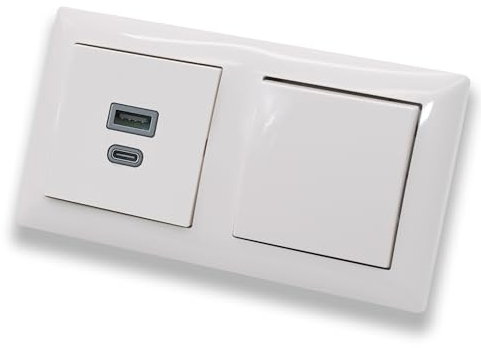 EBROM USB-C und USB-A Unterputz Steckdose/Lader, 45+15 Watt Leistung – Schnellladefunktion für Wearables, Smartphones und Tablets mit Busch Jäger Tastschalter Taster 2020US in Balance Si alpinweiß