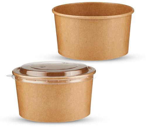 CHEF ROYALE 10x 500ml Kraft Salad Paper Bowls with Lids - Takeaway Containers for Hot/Cold Food - Leakproof Soup Containers - Carboard Packaging Bowls