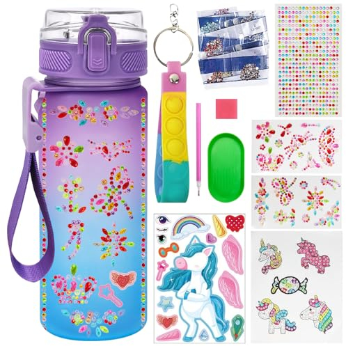 TZQFROCE Mädchen Geschenke 5 6 7 8 9 10 Jahre DIY Trinkflasche Kinder Einhorn Wasserflasche Basteln Diamond Painting Kinder Trinkflasche Bastelset Einhorn Geschenke für Mädchen