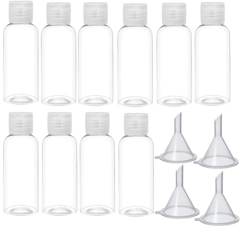 Botellas de viaje de 100 ml, 10 botellas líquidas para llenar con viaje aéreo con 4 embudos, recipientes de plástico transparente, botellas para cosméticos para champú, lociones líquidas cremas