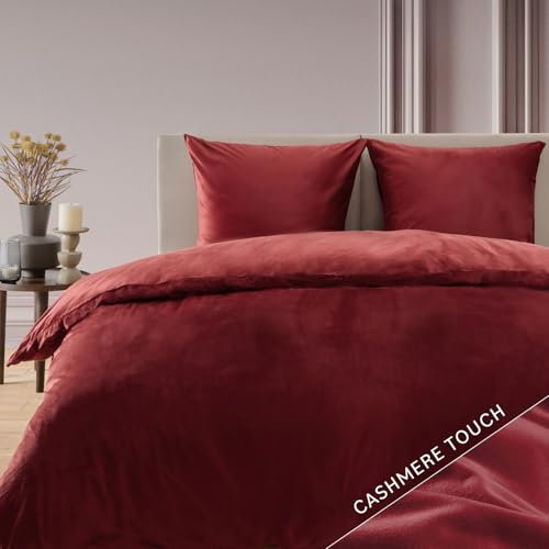 Blumtal Bettwäsche 135x200 cm Cashmere-Touch Plüsch - Oeko-TEX zertifizierte Bettwäsche 135x200 Winter + Kissenbezug 80x80 - Fleece Bettwäsche 135 x 200 Mikrofaser - Plüschbettwäsche - Bettwäsche Rot
