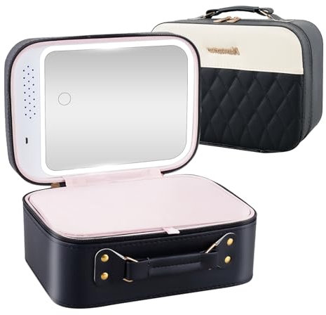 Travel Makeup Bag with LED Mirror Waterproof Cosmetic Storage with 3 Level Brightness Adjustable Light PU Leather Make Up Organizer Portable Vanity Case Women Jewelry Box Brush Holder(Black)