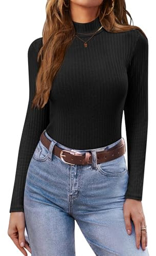 Ekouaer Women's Turtleneck Long Sleeve Shirts Solid Slim Fit Tops, Black, M