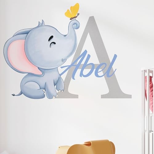 AdesiivoStudio Personalisierbarer Elefanten-Wandaufkleber mit Initiale und Namen, Kinderzimmer, personalisierbar, niedliches Tier-Design für Kinderzimmer