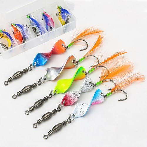 Machilea Twist Spoons Forelle UV-Aktiv 3g | Twister Spinner Forelle mit Rolling Swivels | Forellen Blinker Spoon 5 Stück in Box | Forellenköder Set zum Forellen Angeln Forellen Köder (Orange Feder)