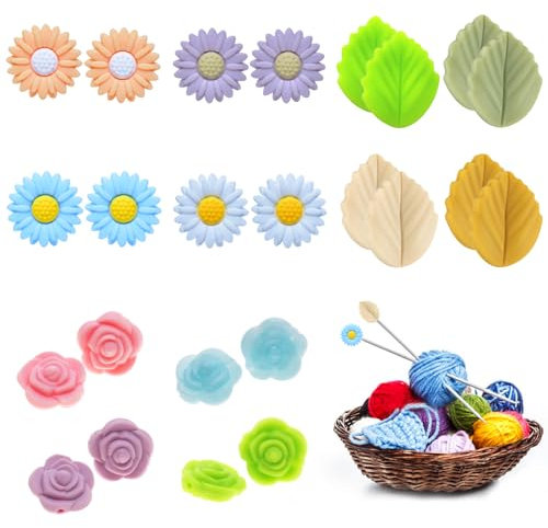 24 Stück Maschenstopper für Stricknadeln Bunt Blume Blatt Stricknadel Schutz Silikon Strickspitzen-Nadelkappen Maschenstopper Stricknadel Stopper Strickzubehör für Häkeln Stricken Heimwerken