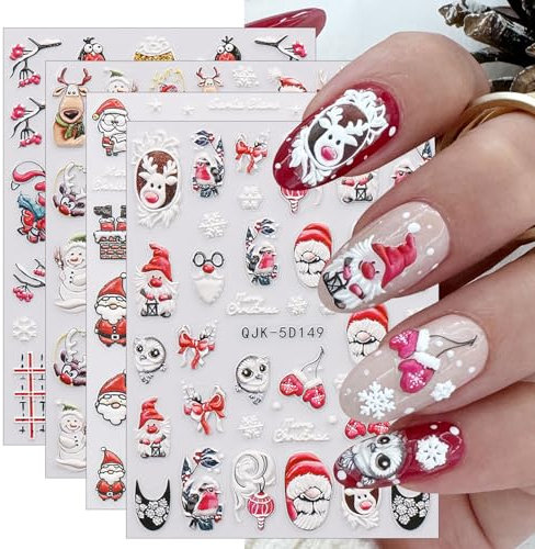 JMEOWIO 3D Nagelsticker Weihnachten Nail Art Sticker Selbstklebend Nagelaufkleber 5D Stereoskopisch Schneeflocke Xmas Winterurlaub Niedlich Dekoration Nageldesign Zubehör 4 Blatt