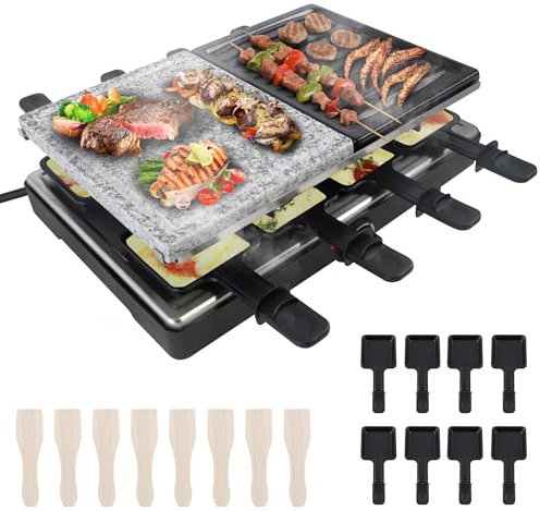 XMTECH Griglia per raclette da tavolo elettrica per 8 persone, con pietra naturale, con 8 padelle, spatola in legno e 2 piastre per barbecue da tavolo, max. 1400 W