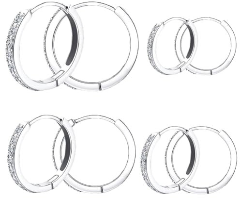 WHFDC Women's 4pcs Hoop Earrings, Silver Copper Cubic Zirconia, 6/8/10/12mm, Huggie, Lever/Push Back, Polished, Earring