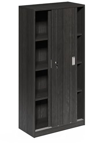 R.O.F, Tall Grey Oak Sliding Door Storage Cupboard – 80 x 40 x 160 cm Office Cabinet with MFC & PUR Edge Banding, Versatile Filing & Organization Solution for Workspaces