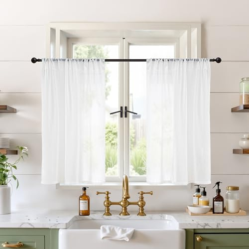 BGment White Linen Sheer Curtains 36 Inch Length for Kitchen Cafe Window | Small Drapes Light Filtering with Rod Pocket Lightweight for Bathroom Over Sink, 2 Panels Set, 30 X 36 Inch