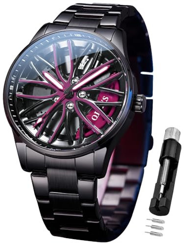 OLEVS Orologi da uomo rotanti ruota auto orologi al quarzo moda sport acciaio inossidabile orologio da polso luminoso impermeabile per uomini, 9937 viola