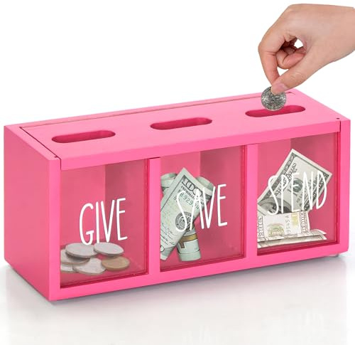 Spardose aus Holz für Erwachsene, Sparschwein für Kinder, Wandmontage, Kinderbank für Rechnungen und Münzen, visuelle Spardose für Schlafzimmer, Wohnzimmer, Waschküche, Arbeitsplatte (Rosa)