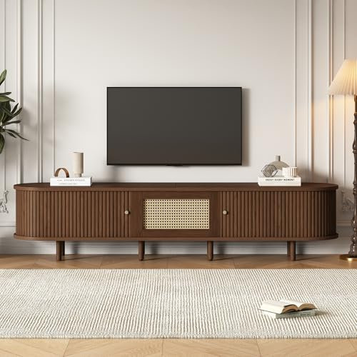 boorbin Ovaler TV-Ständer in Nussbaum dunkel, Rattan-Design - 180 cm MDF-Design, verstellbare Füße, 30 kg Belastbarkeit (Eiche, 180 * 40 * 40CM)