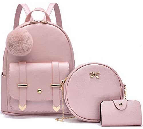 Nexum Lot de 3 mini sacs à dos pour adolescentes et filles - Joli sac à dos tendance avec pompon - Sac à bandoulière pour femme, Or rose, S