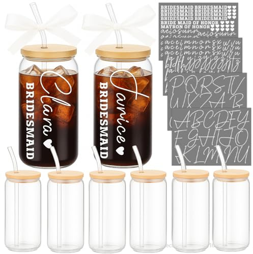 Skylety 6 Set Bridesmaid Personalized Glass Cups with Name Stickers | 16 oz Customized Coffee Cups with Bamboo Lids and Glass Straws, Ribbon, Vinyl Letter Decals DIY, Proposal Bridal Shower Gift
