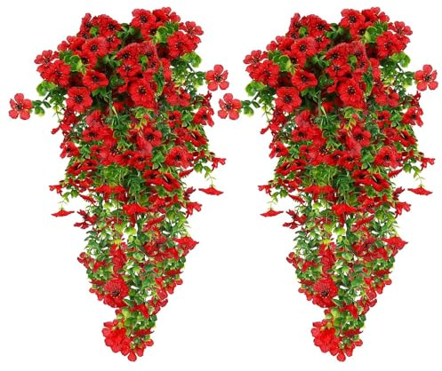 4 Pezzi Fiori Artificiali per Esterni, Fiori Artificiali Appesi, Piante Artificiali Appese all'Aperto Resistenti ai Raggi UV, per Decorazioni Sospensione Parete Giardino Balcone Matrimonio (Rosso)