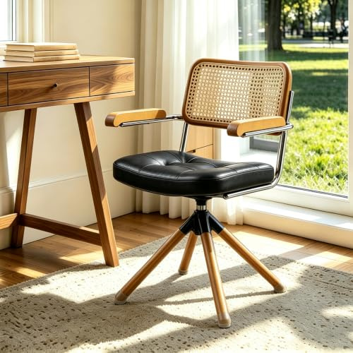 Zouron Rattan Bürostuhl ohne Rollen, Mid‑Century Modern Drehstuhl mit Buchenholzbeinen, Kunstleder gepolsterter Akzentsessel mit Wiener Geflecht, für Home Office Wohnzimmer, Schwarz
