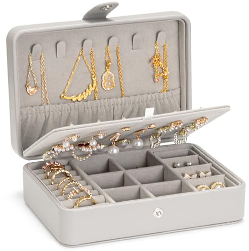 VINATO Schmuckorganizer als 3-in-1 Schmuckaufbewahrung für Ketten, Ohrringe & Ringe – Schmuckkästchen klein 16,5x12x5,7cm, Geschenkidee und Aufbewahrungslösung, Grau
