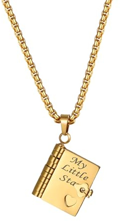 Flongo Silber Halskette für Tochter: Aufklappbares Buch Anhänger Mein Kleiner Stern - 6 Seiten Geschenk von Mama Papa - Edelstahl Kette 60cm - Geburtstag Abschluss Konfirmation Schmuck Mädchen