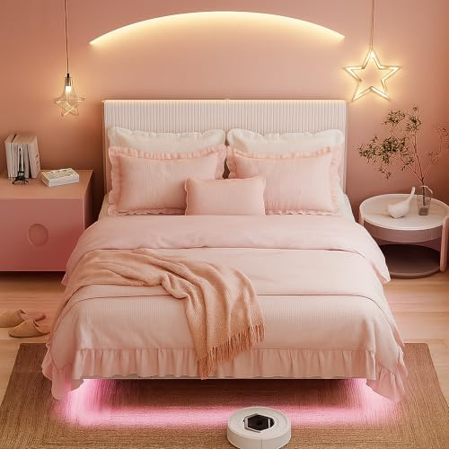 ARFARLY King Floating Bed Frame with Upholstered Headboard&LED Lights,White | 5ft Metal Bed Frame with Charging Station, Metal Slats Support,No Box Spring Needed,Underbed Storage